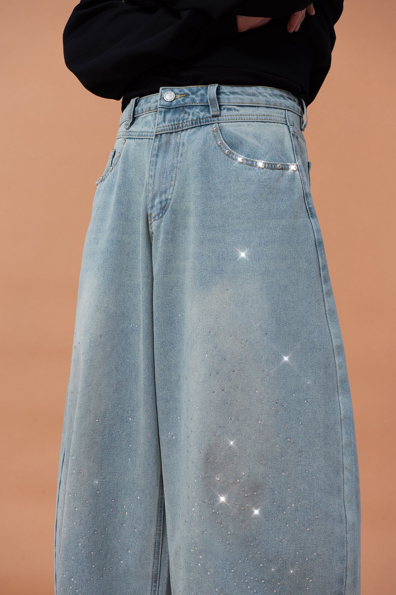 CLP Washed Diamond-Dusted Curved-Leg Jeans