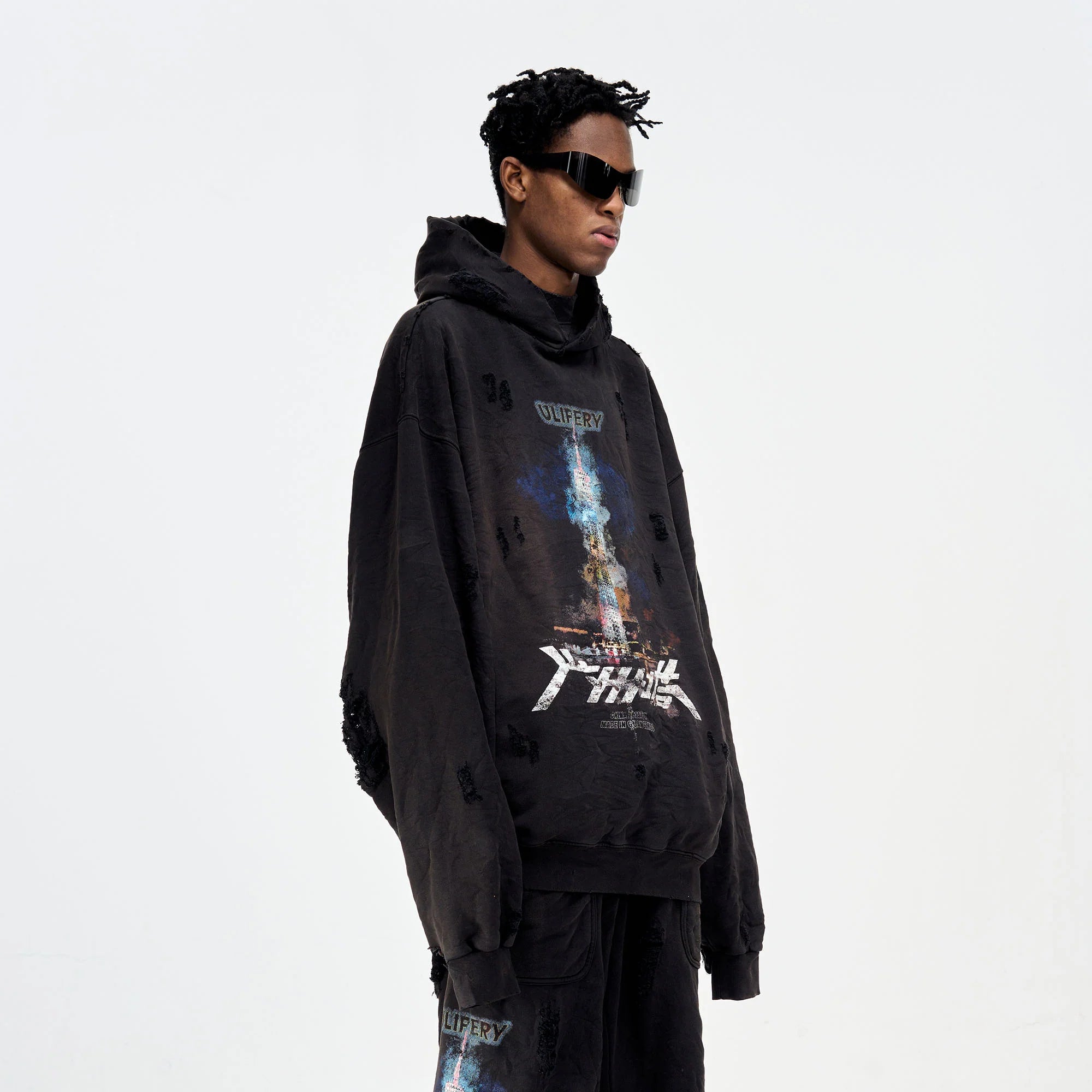 ULIPERY Distressed Glow Crinkled Hoodie