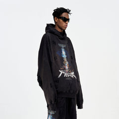 ULIPERY Distressed Glow Crinkled Hoodie