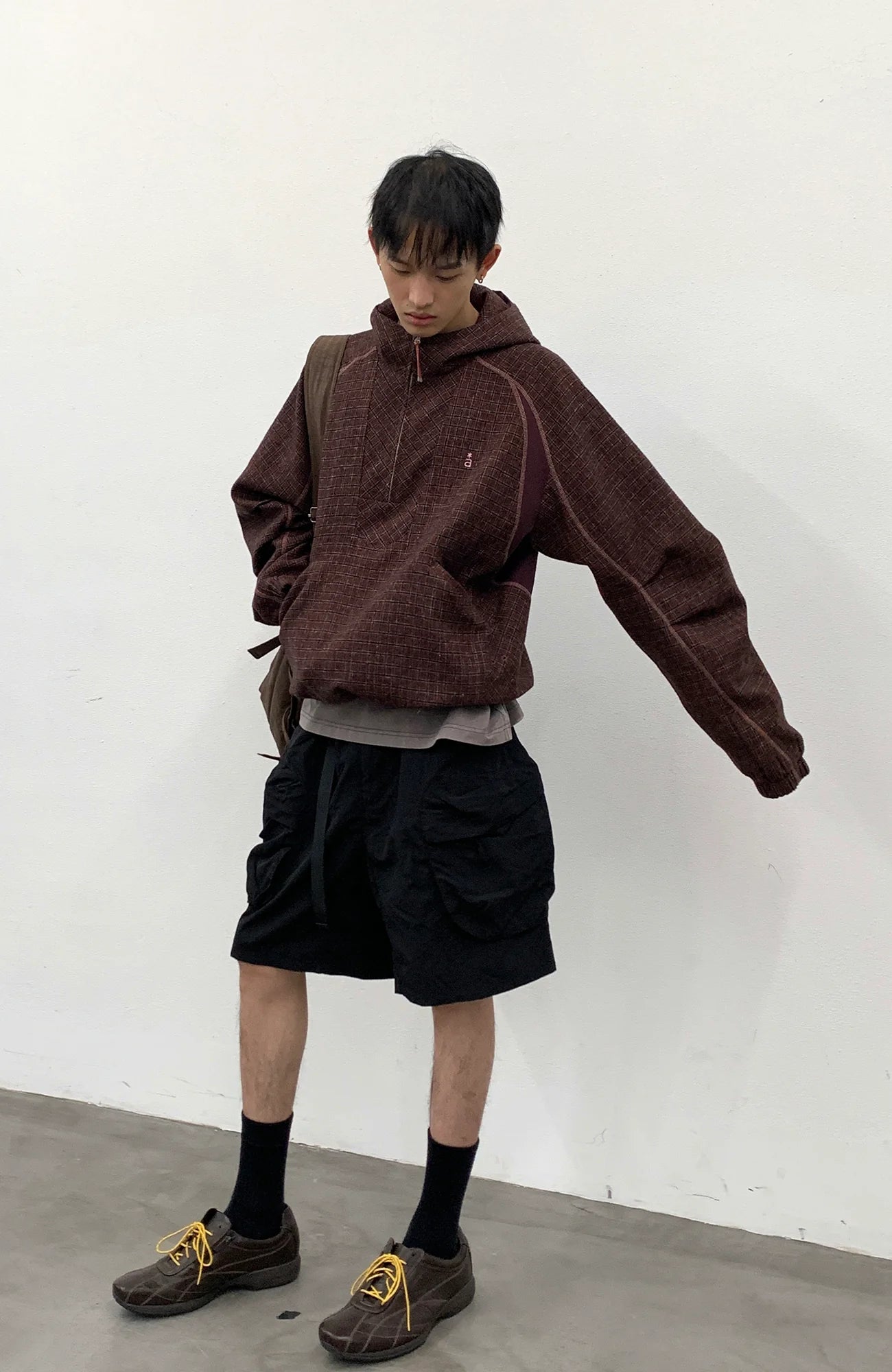 ROARINGWILD A ARCH Plaid Paneled Half-Zip Hooded Jacket