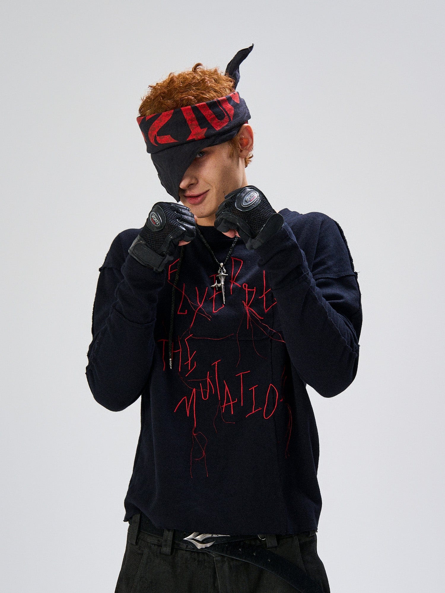 FLYERRER Cross-Panel Contrast Frayed Embroidered Long-Sleeve Tee