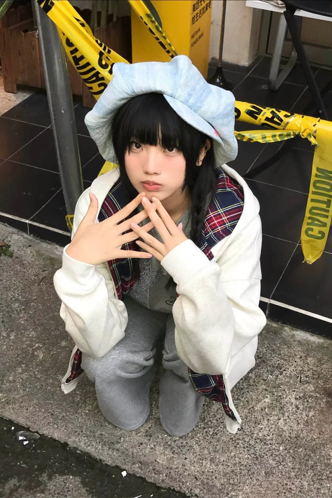 TWINBUTA Washed Embroidered Denim Newsboy Cap