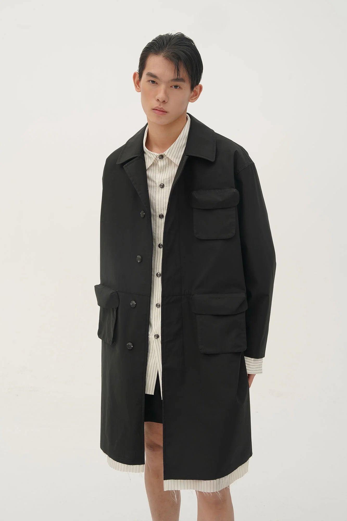 ORAL UTOPIA Faux Layered Hem Multi-Pocket Coat