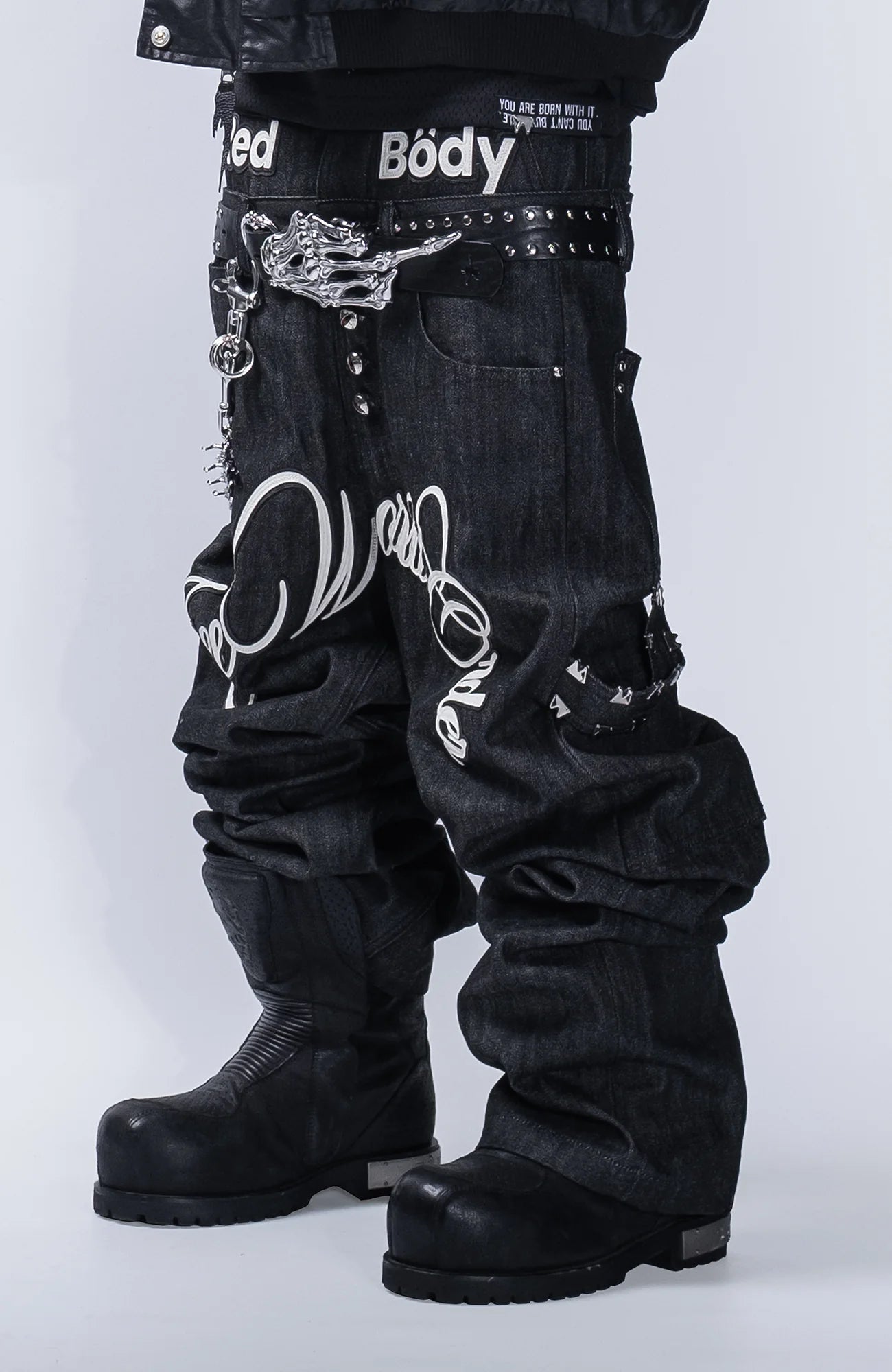 FVVO Layered-Waist Patterned Studded Jeans