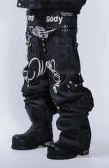 FVVO Layered-Waist Patterned Studded Jeans