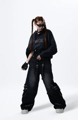 MOGONGSHE Detachable Drape-Strap Washed Jeans