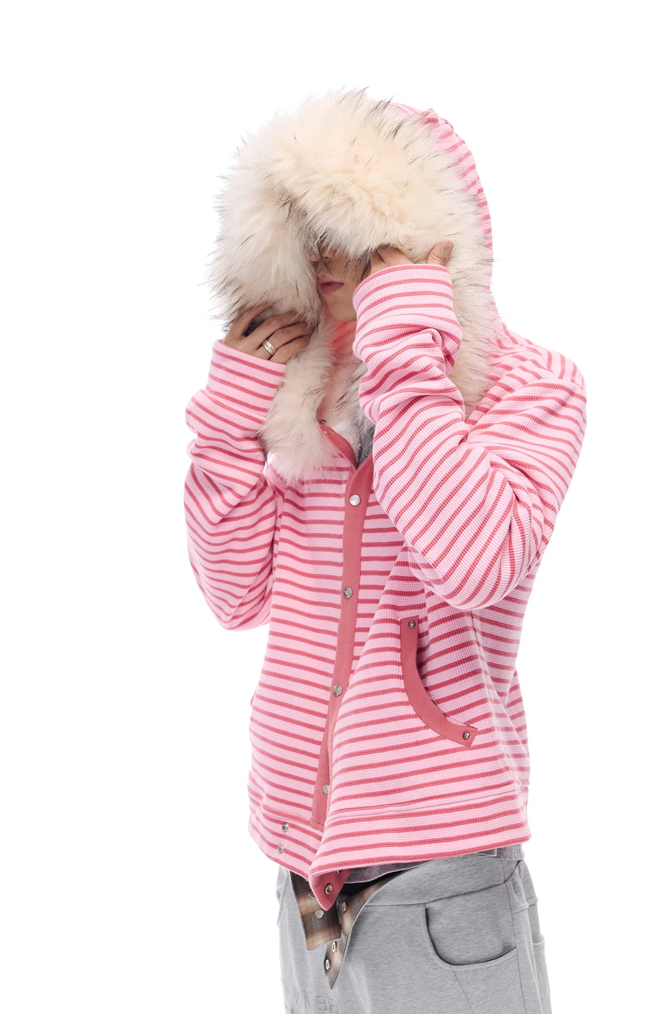 WHISTLEHUNTER Striped Detachable-Fur Hooded Jacket