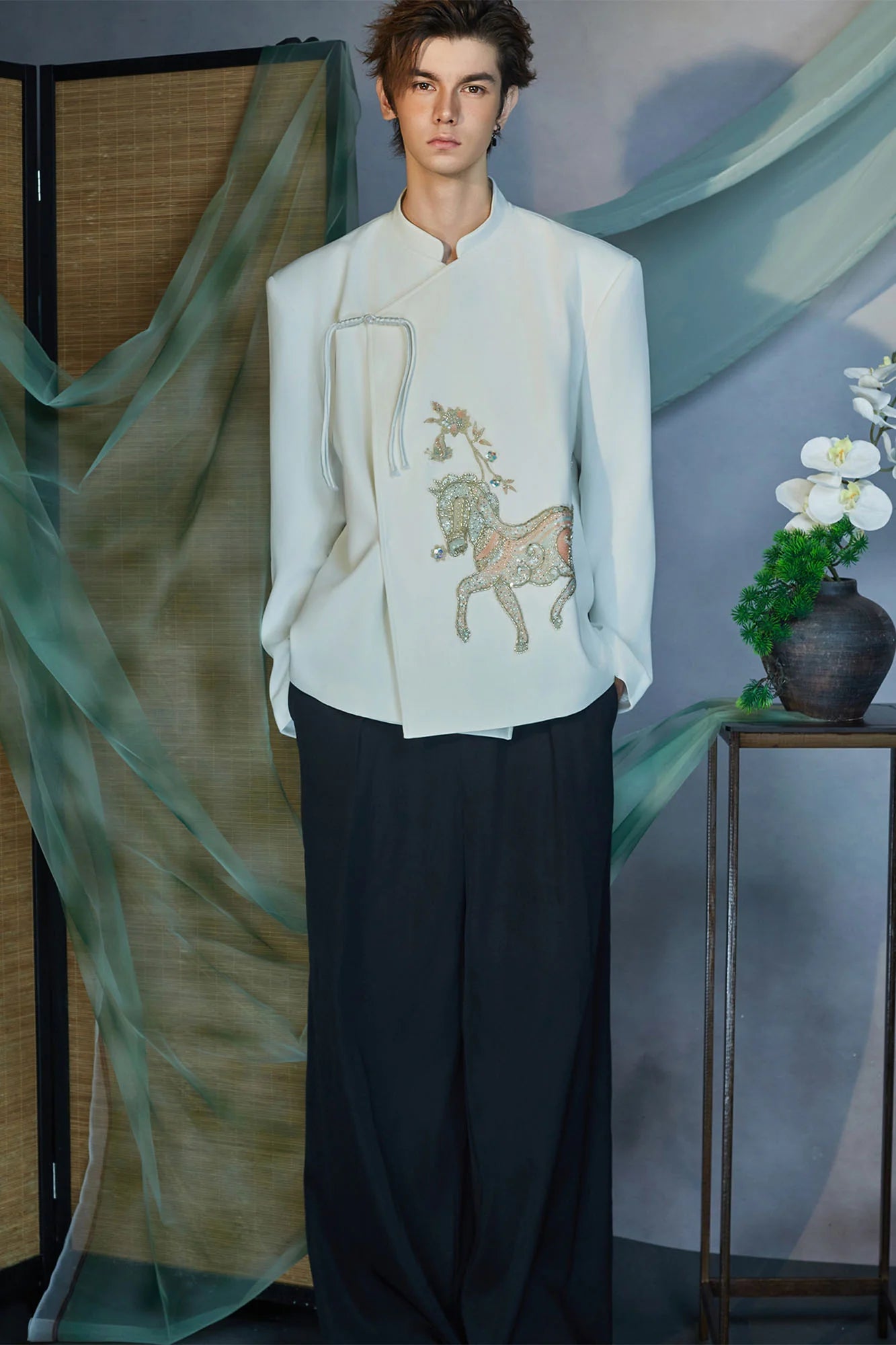 JIECHI Embroidery Horse Asymmetric Wrap Jacket