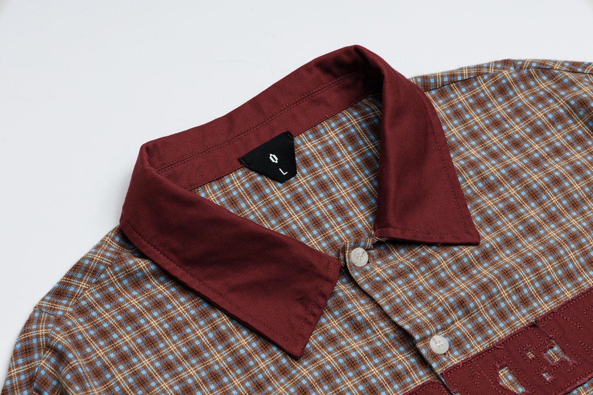 OVDY Raw-Edge Patchwork Graphic Plaid Half Shirt