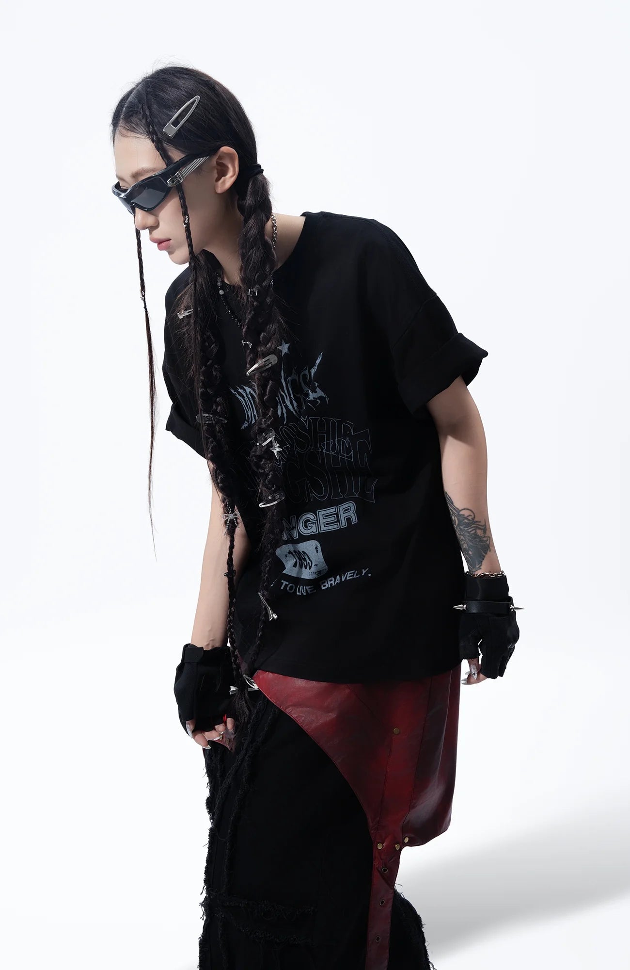 MOGONGSHE Detachable PU Drape  Frayed Cross Jeans