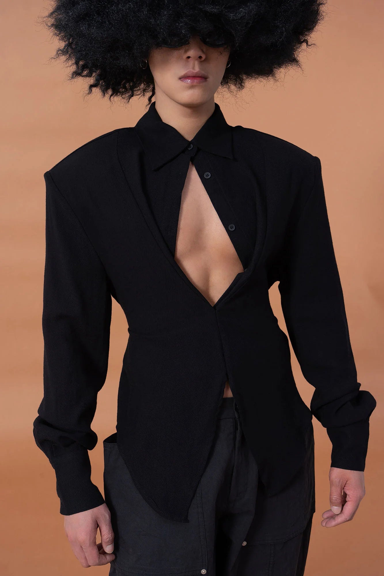 CLP Padded-Shoulder Tie-Waist Shirt