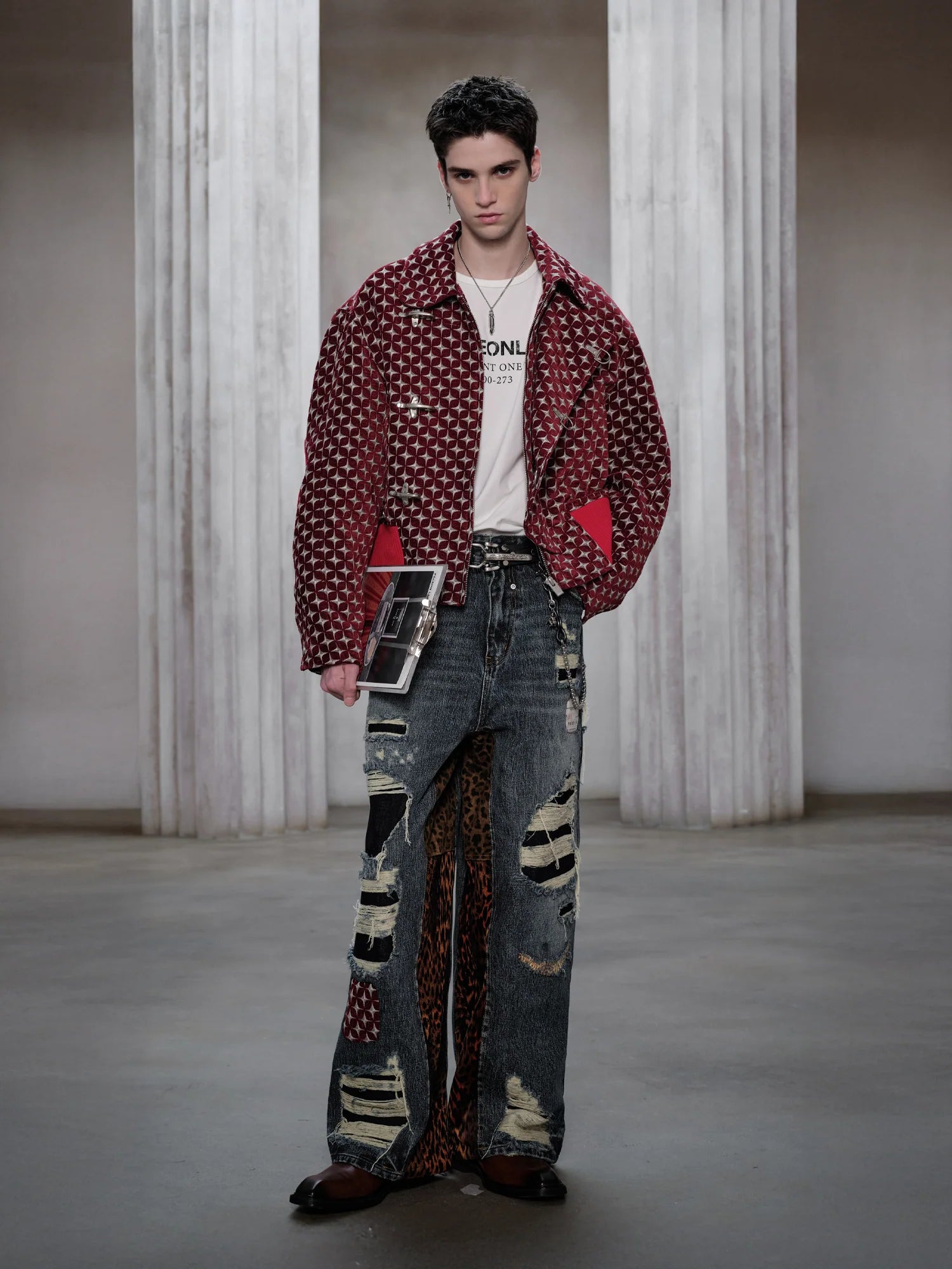 FACEONLAB Distressed Patch Leopard Paneled Jeans