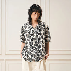 EPIC POETRY Monochrome Collage Grid Cuban Half Shirt