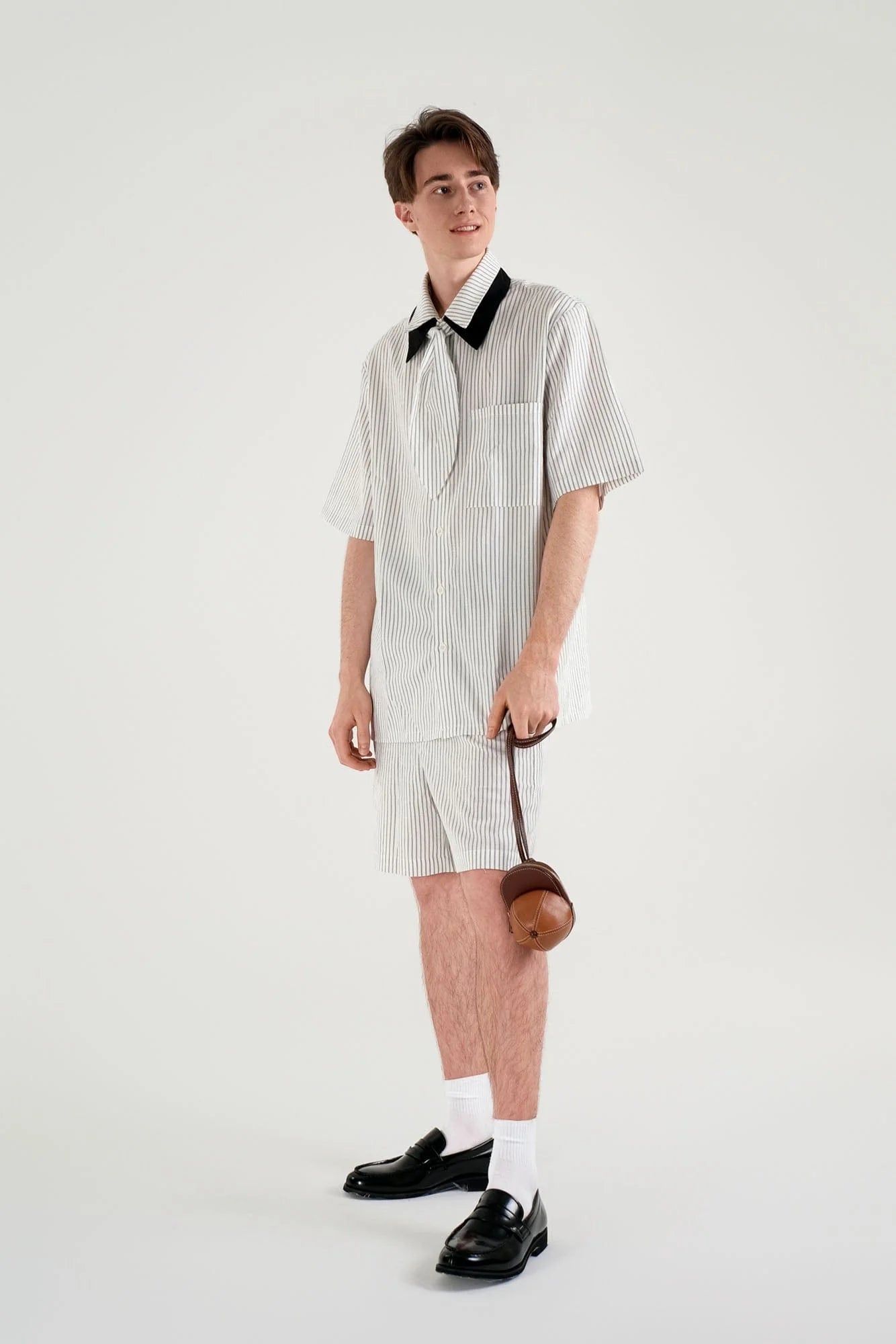 WIID Striped Contrast-Collar Tie-Neck Half Shirt