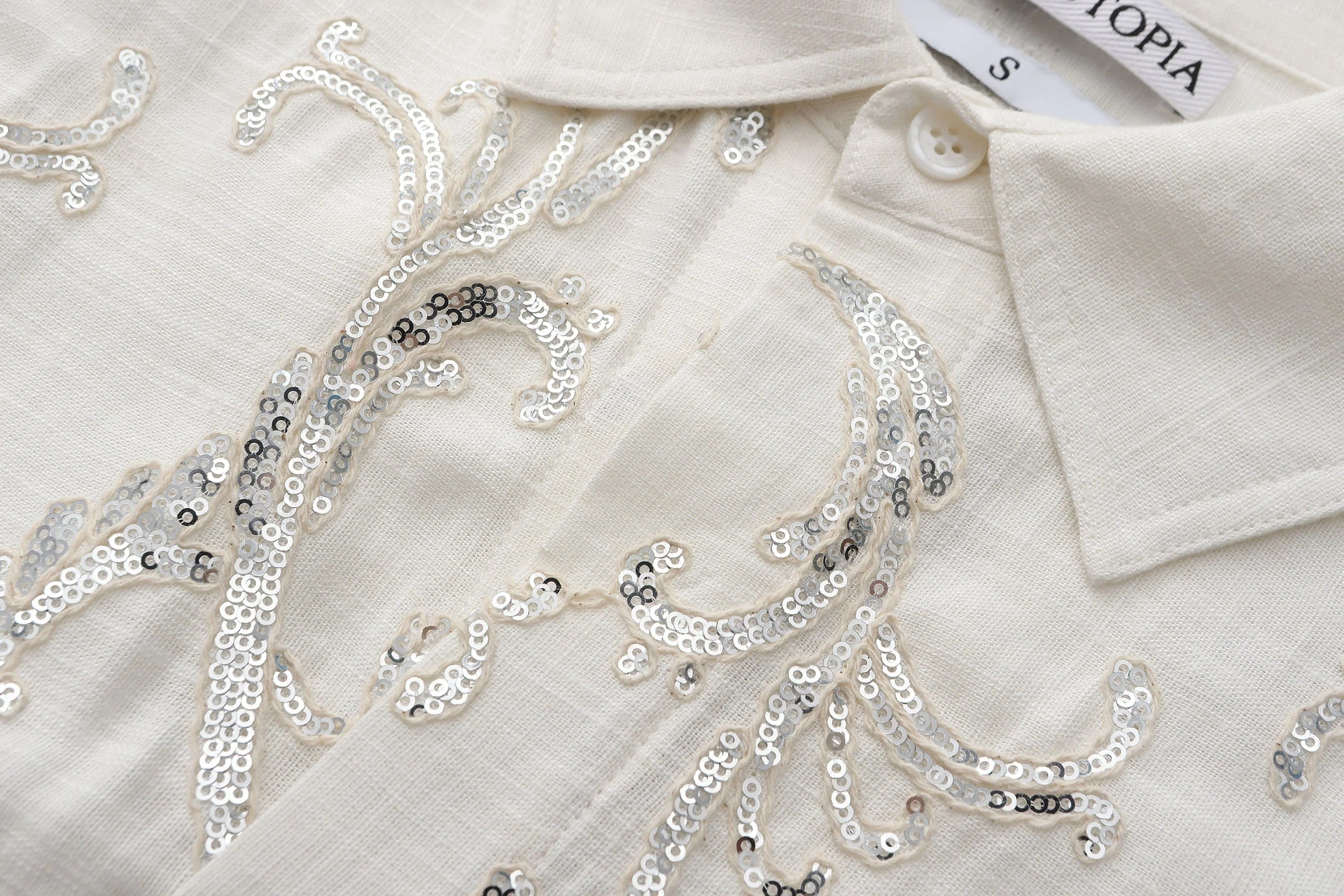ORAL UTOPIA Ornate Sequin Embroidered Linen-Blended Tie Shirt