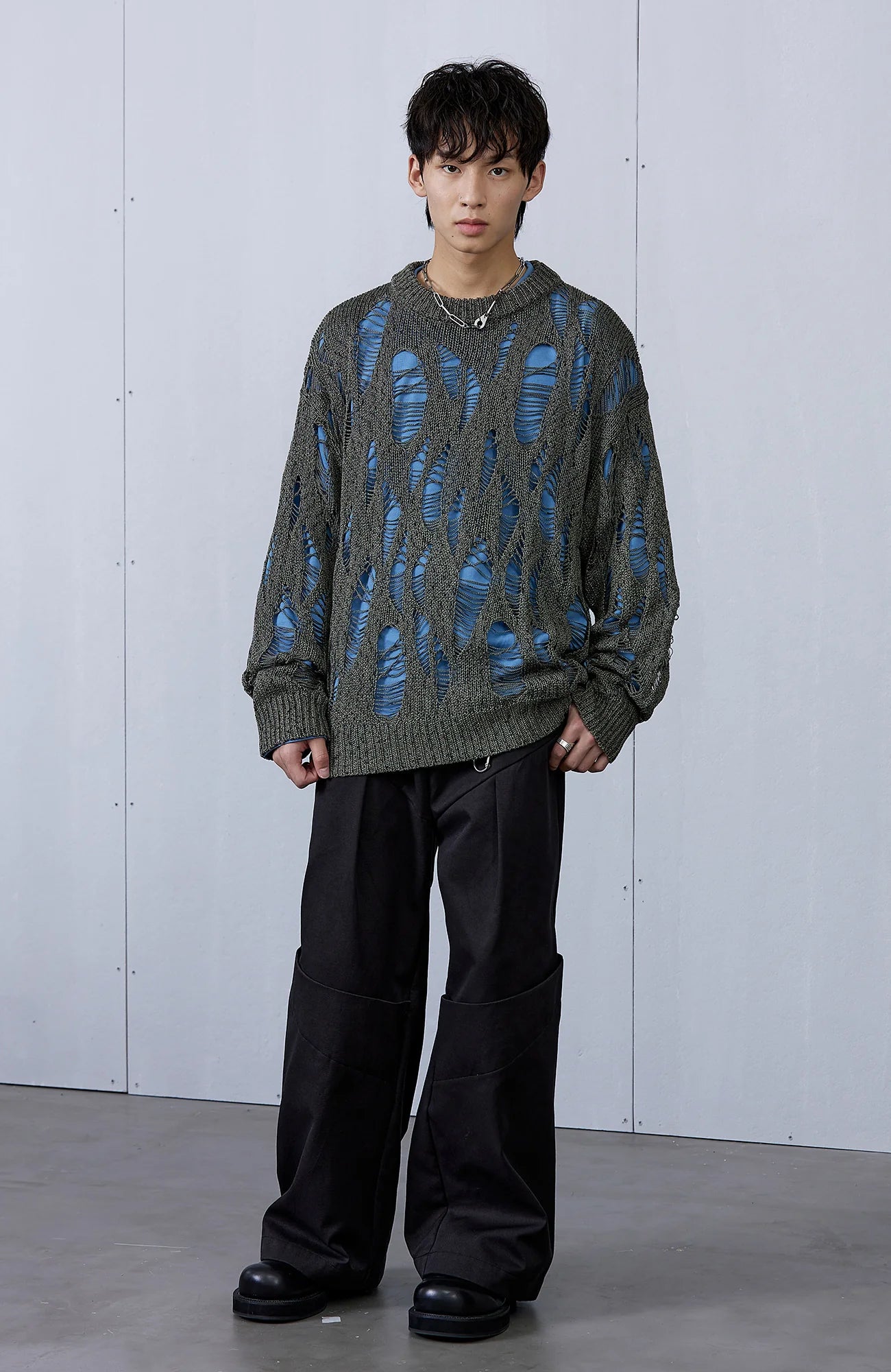 ROARINGWILD A ARCH Distressed Hollowed-Knit Sweater
