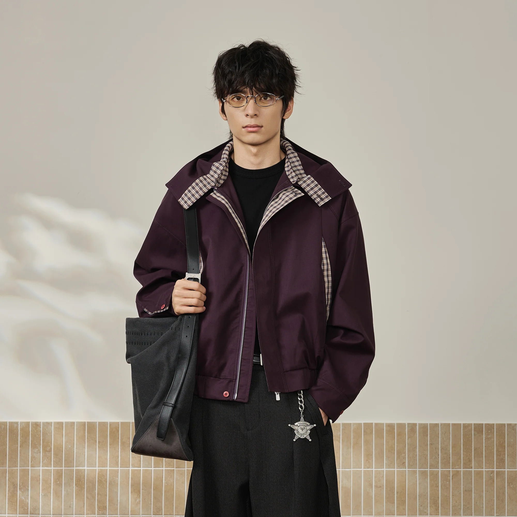 MOITIEDEPETALE Convertible Collar & Hood Plaid Pocket Jacket