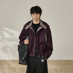 MOITIEDEPETALE Convertible Collar & Hood Plaid Pocket Jacket