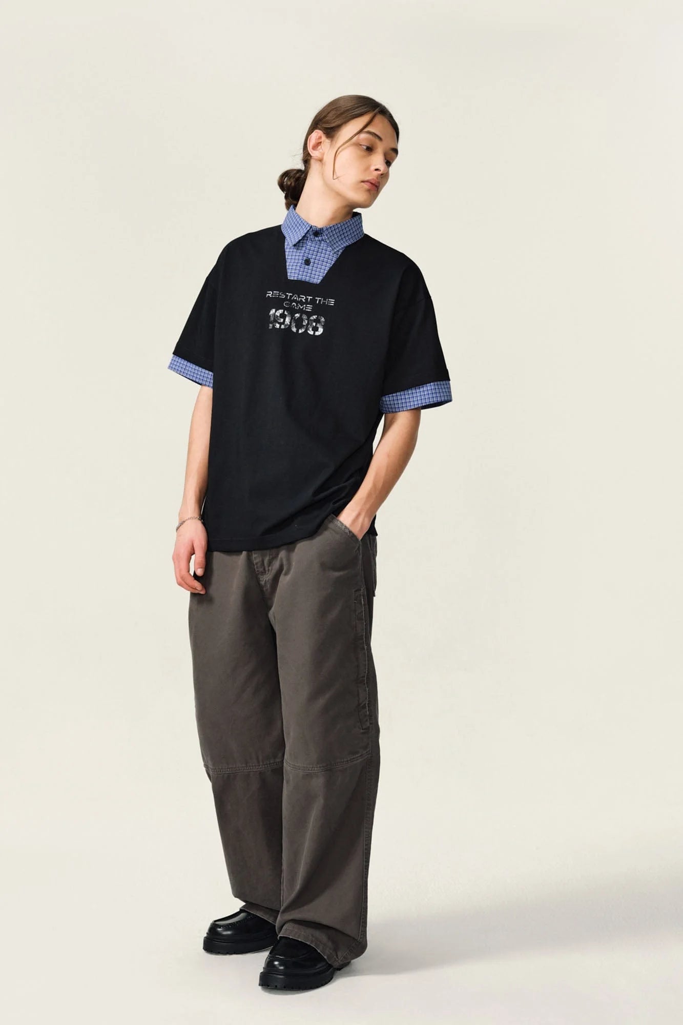 OVDY Layered Plaid Panel Mock Shirt T-Shirt