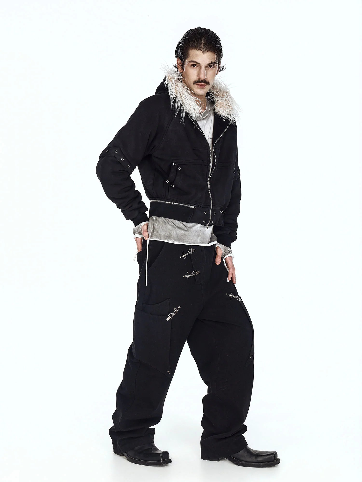 FLYERRER Detachable Faux-Fur Trim Cropped Jacket