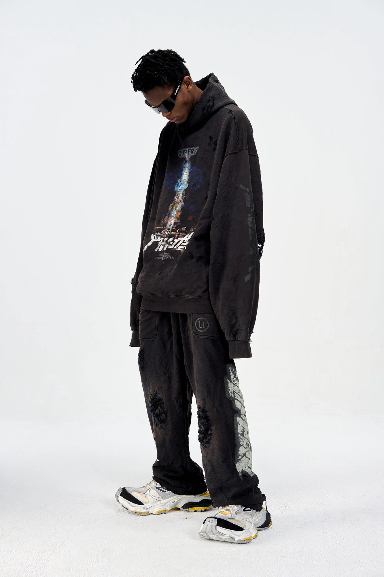 ULIPERY Distressed Glow Crinkled Hoodie
