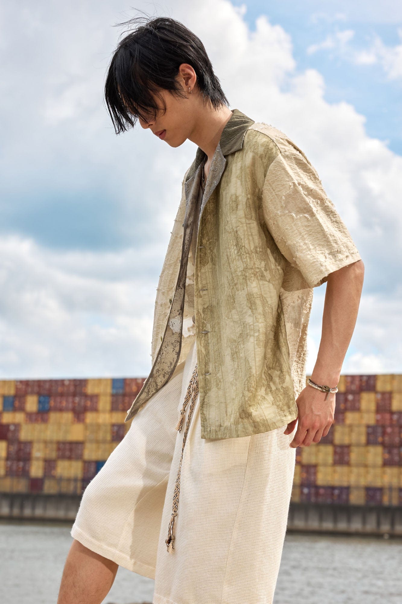 ALVNG AR ANTS Botanical Dyed Burnout Textured Spliced Half Shirt