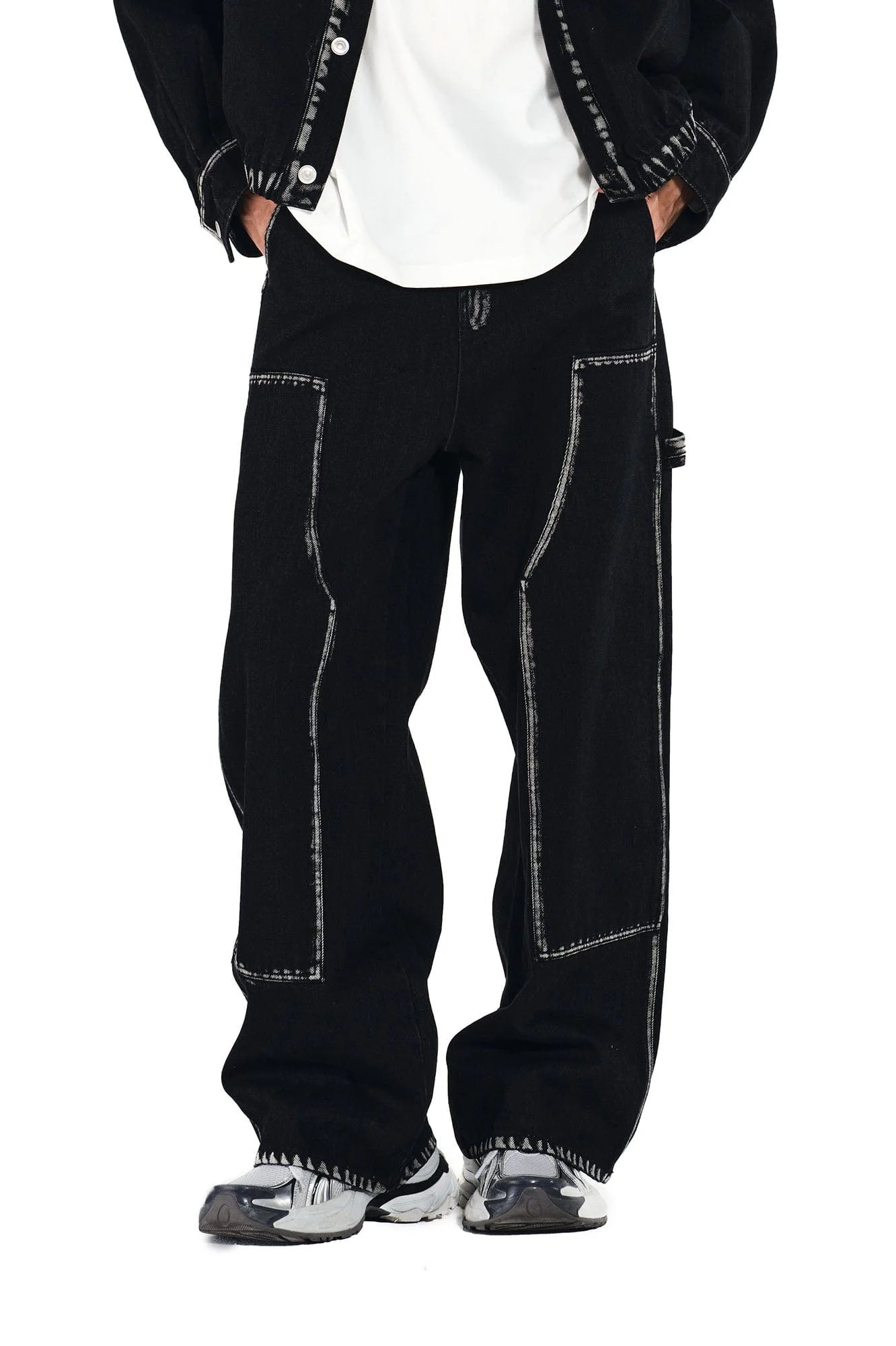 OVERLAPS Contrast Brushstroke Trim Double-Knee Jeans