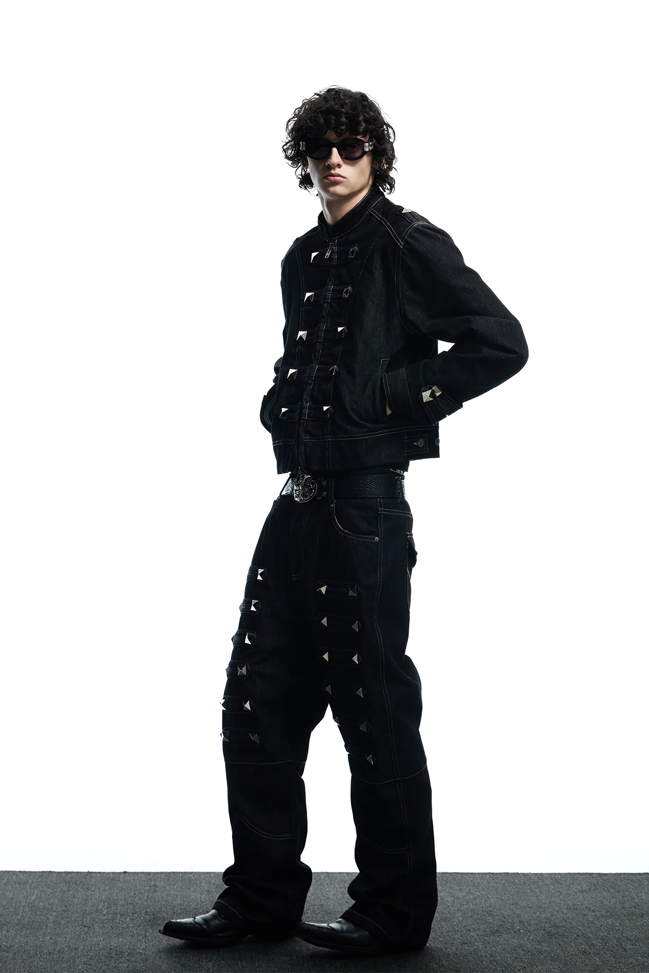 DND4DES Studded Stand Collar Raw Denim Jacket