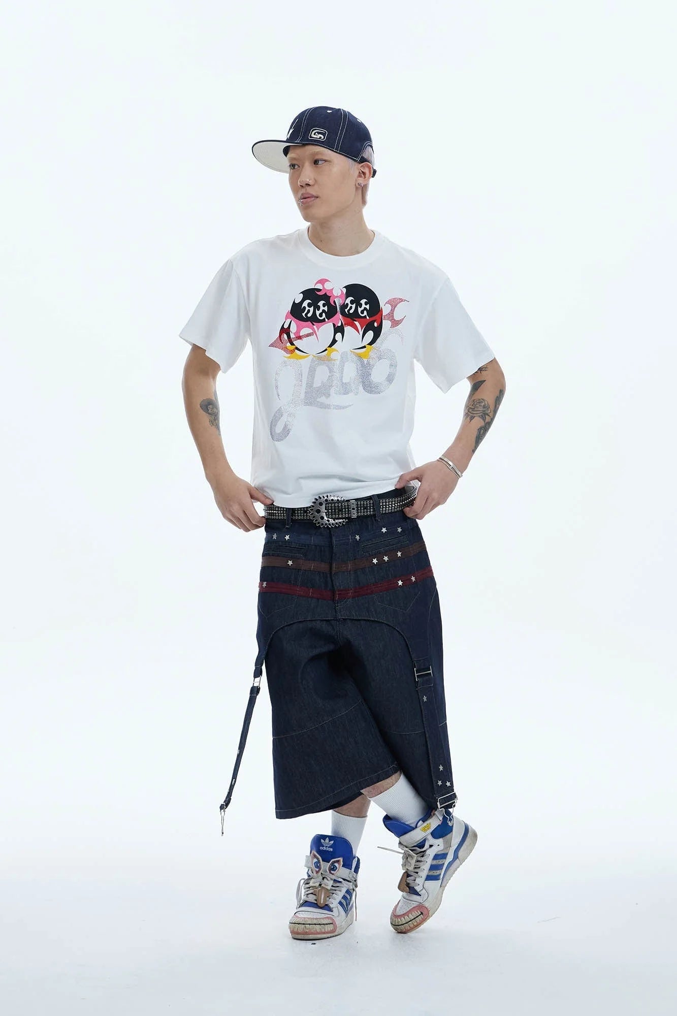 DND4DES Star-Rivet Harness-Layered Denim Shorts