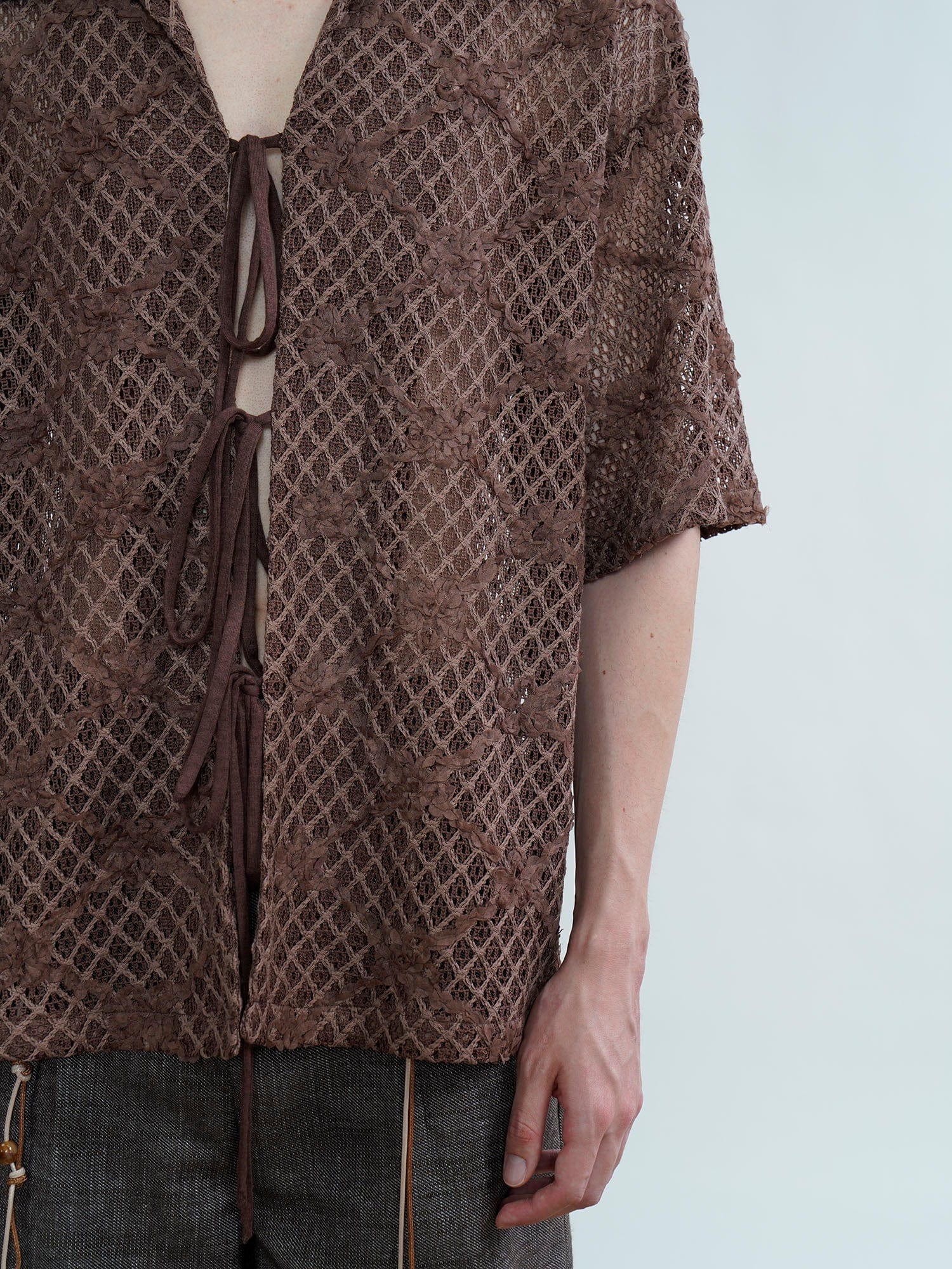 ORAL UTOPIA Crochet Tie-Front Sheer Cuban Half Shirt