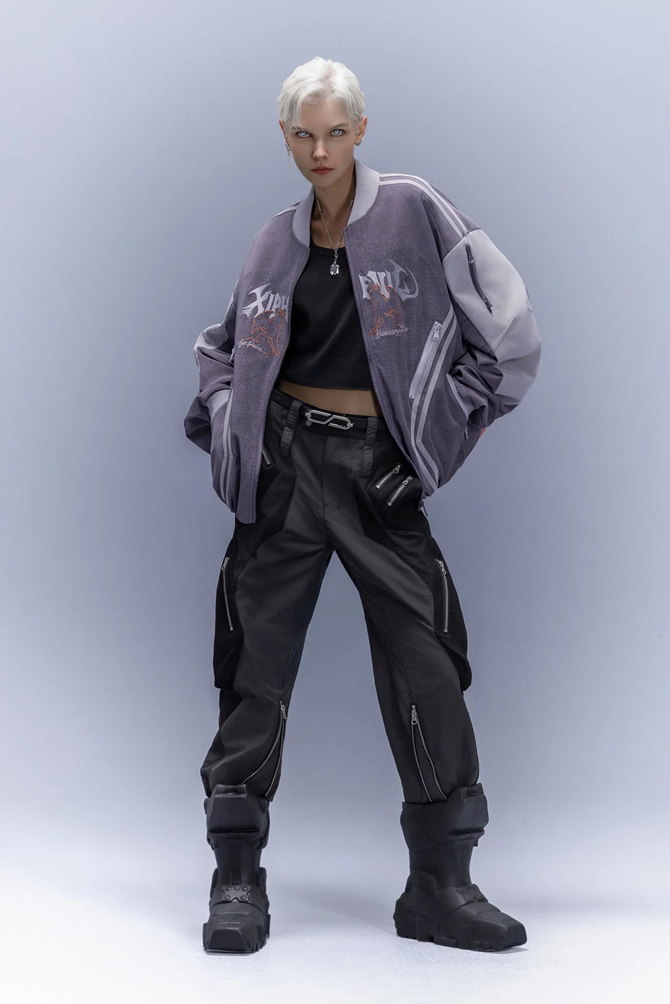 XIPHEVIL Faux Suede Embroidered LOGO Bomber Purple