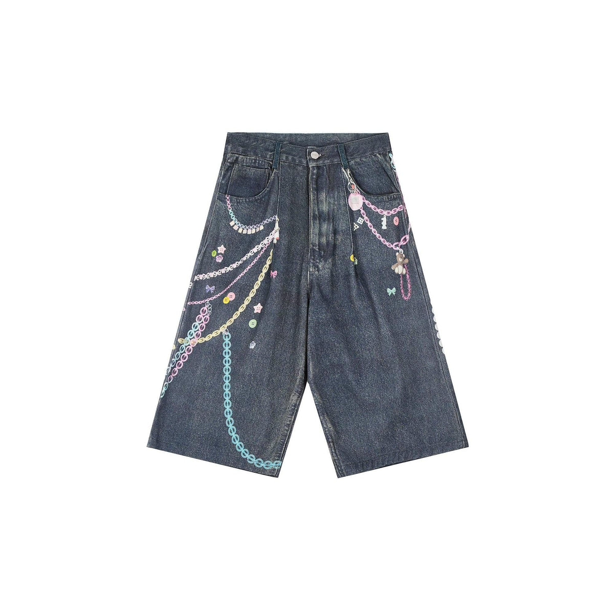CLP Beaded Chain Graphics Wide-Leg Denim Shorts