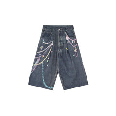 CLP Beaded Chain Graphics Wide-Leg Denim Shorts