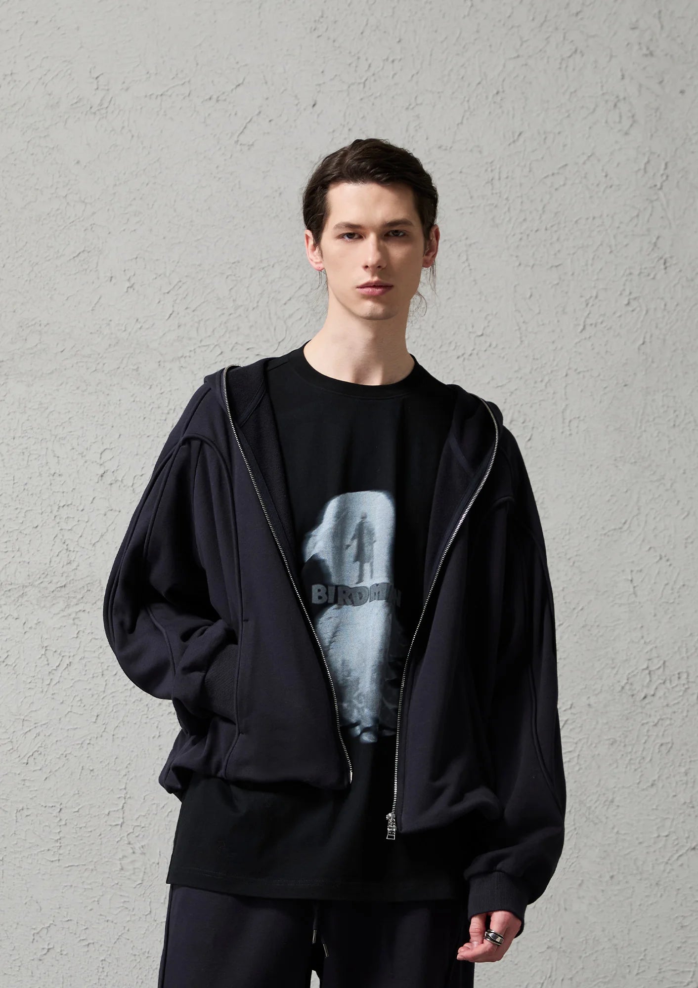ORGANIC EMOTION Curved Panel Drawstring-Hem Zip-Up Hoodie