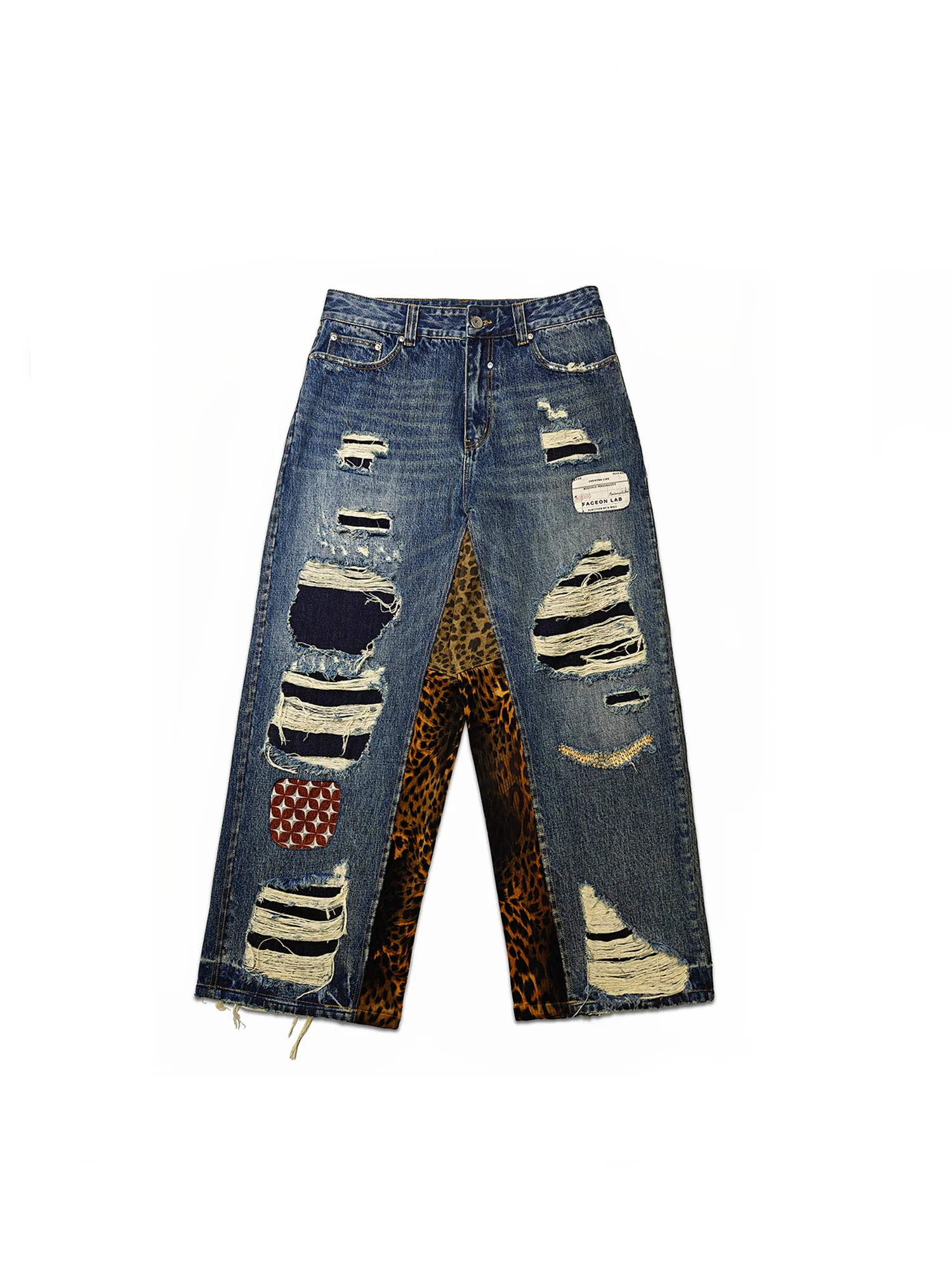 FACEONLAB Distressed Patch Leopard Paneled Jeans