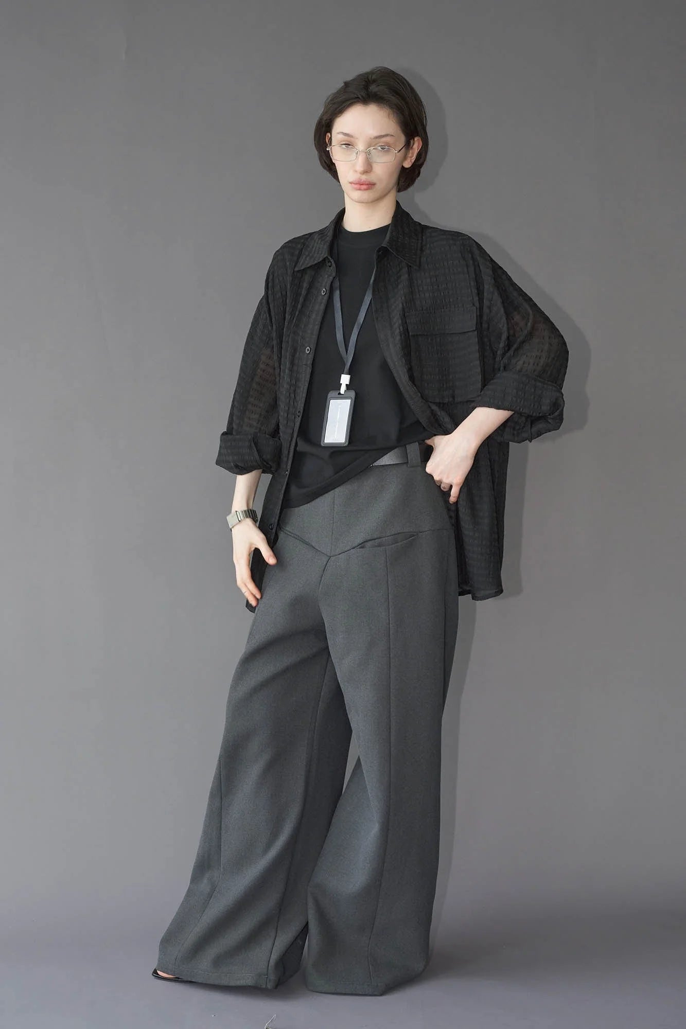LABELROOM Sheer Textured Grid Oversized Shirt