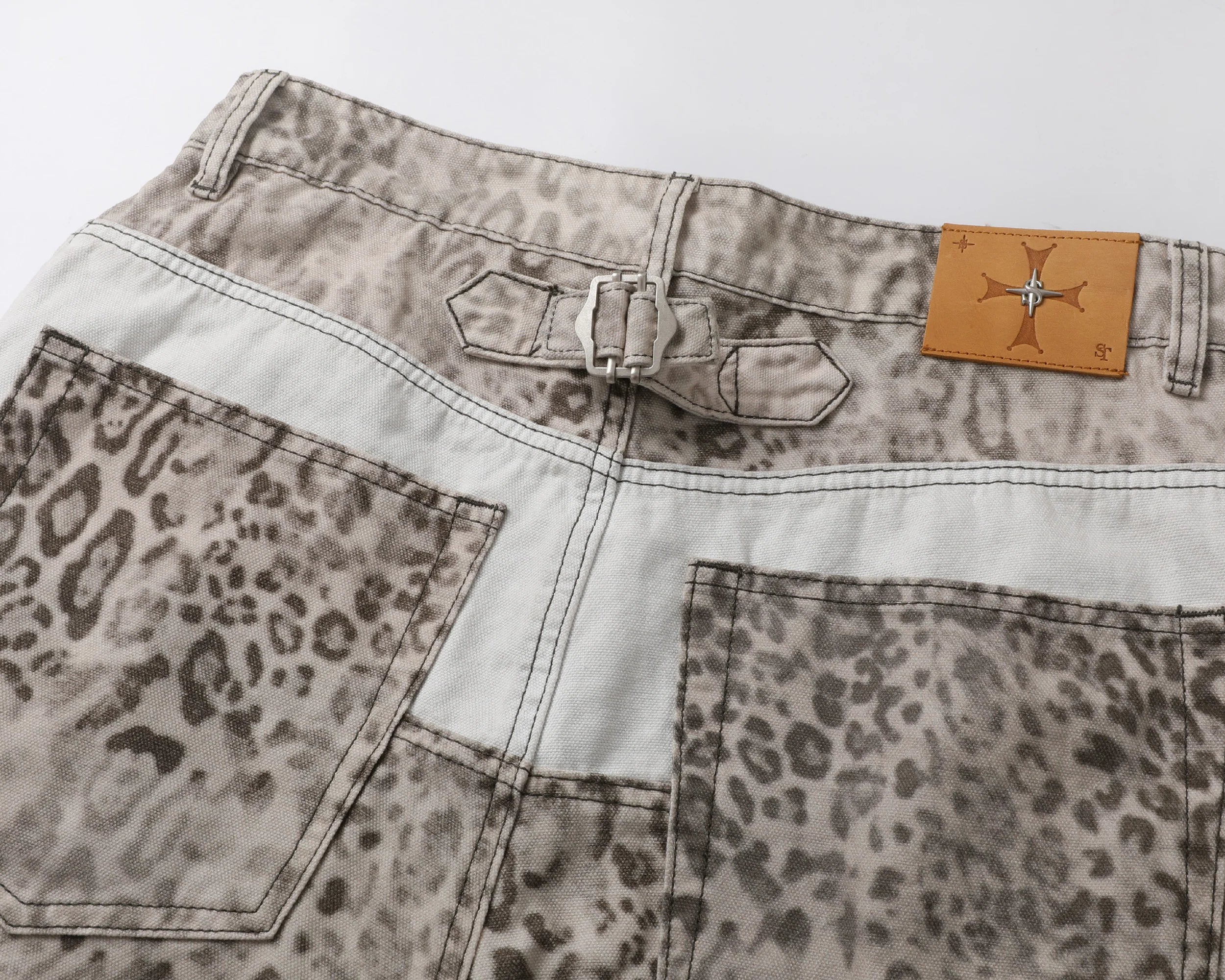STEEPC Leopard Washed Paneled Wide-Leg Pants