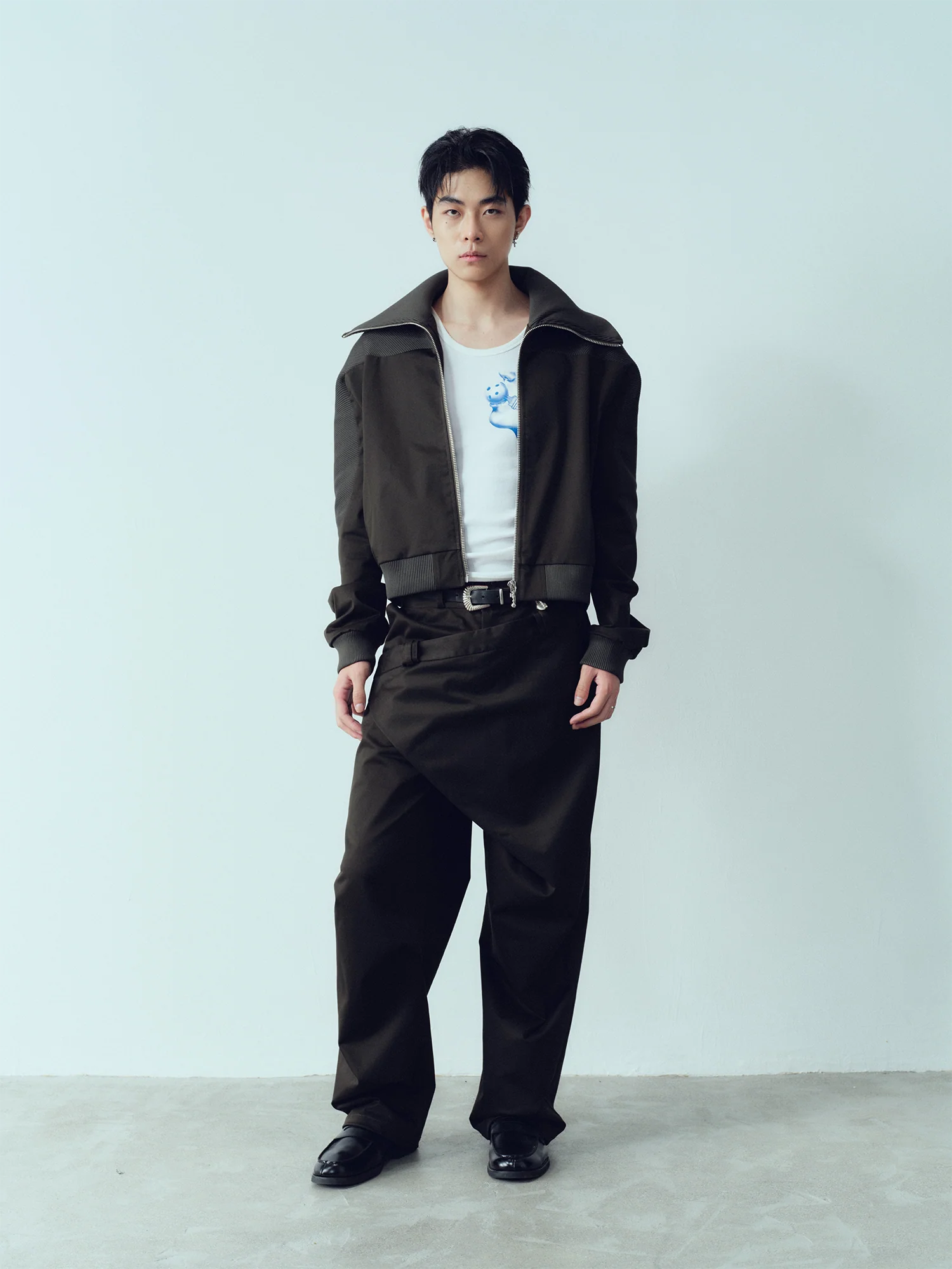 KADAKADA Rib-Spliced Stand-Collar Cropped Jacket