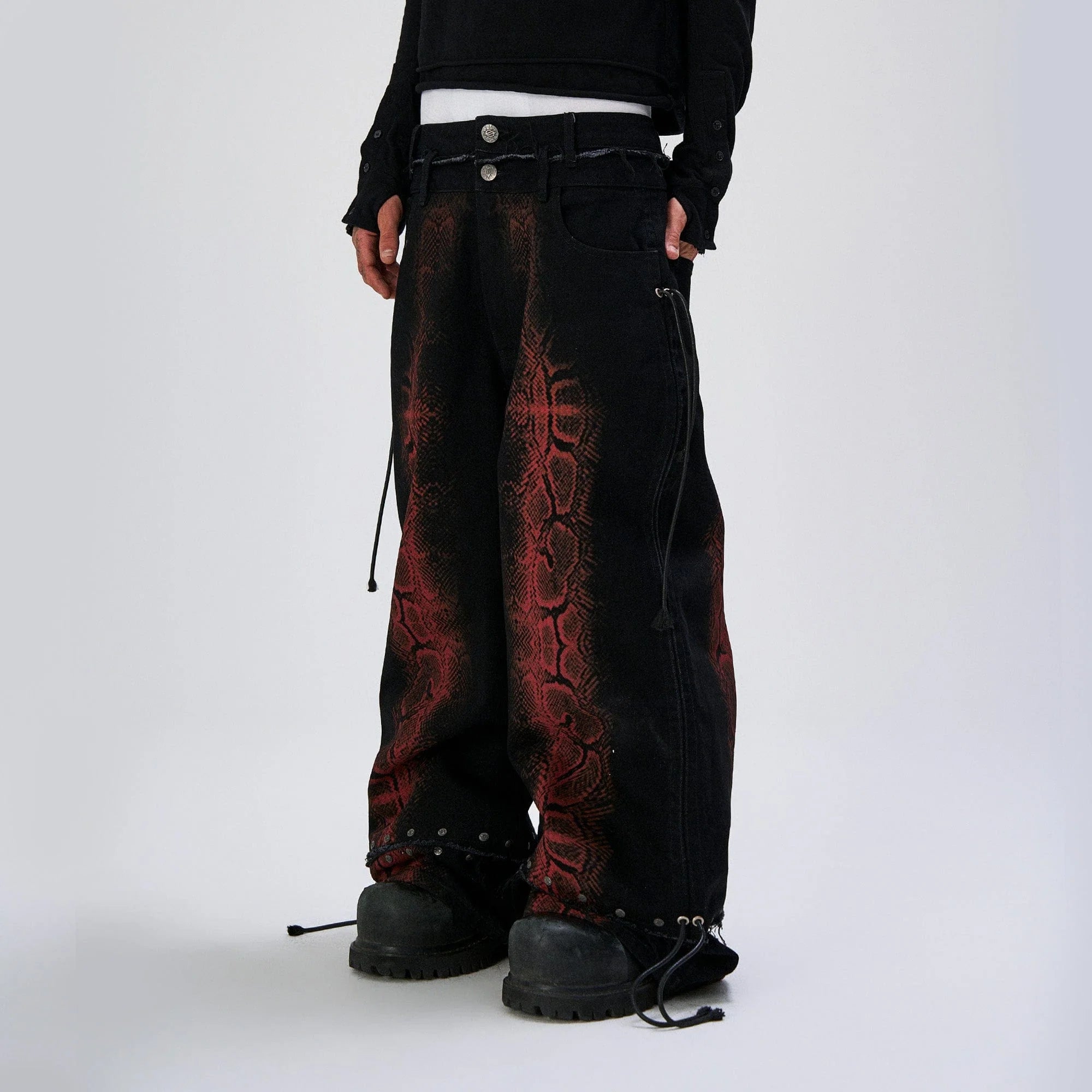 FLYERRER Washed Contrast Snakeskin Drawcord Wide-Leg Jeans