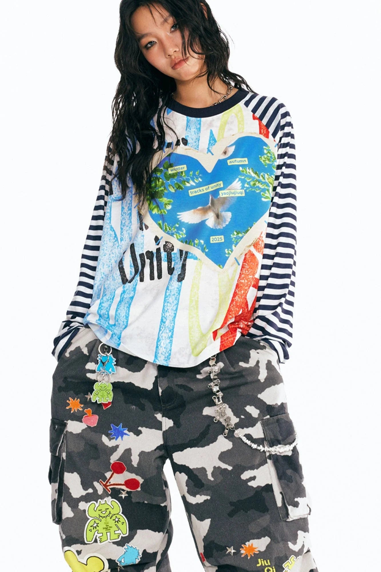 1997 POSTOFFICE Peace Dove Striped Raglan Long-Sleeve Tee