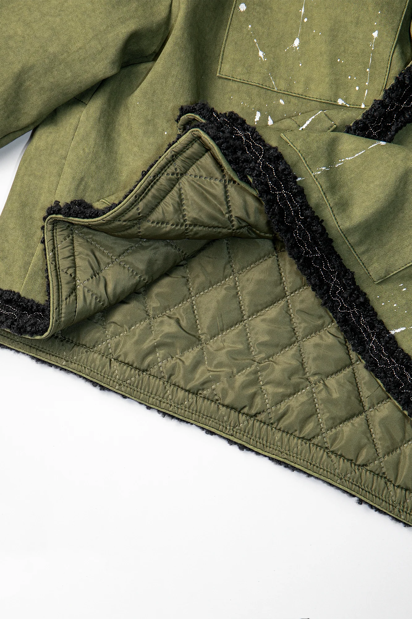 LEONSENSE Paneled Fleece Trim Paint-Splattered Jacket