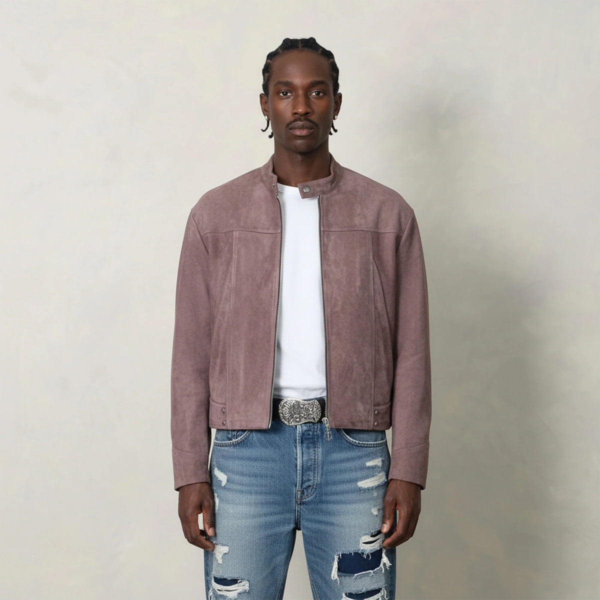 IN EXISTENCE Paneled Faux Suede Rivet Biker Jacket