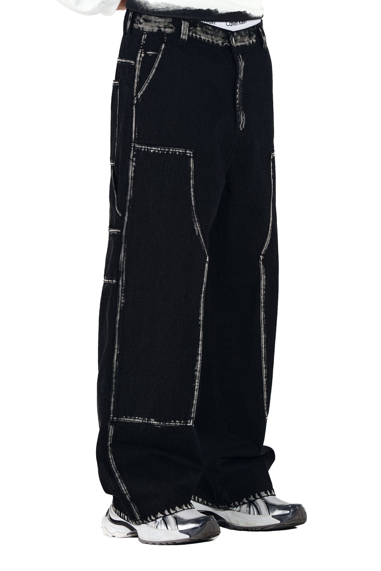 OVERLAPS Contrast Brushstroke Trim Double-Knee Jeans