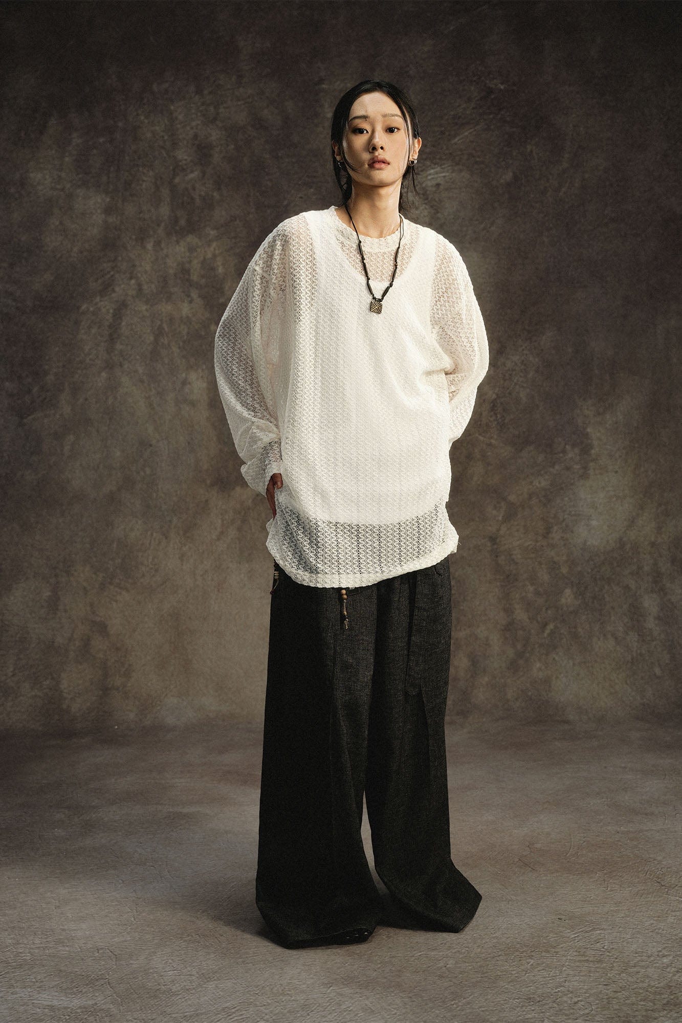 GONGHE REPUB Lightweight Wave-Knitted Openwork Long-Sleeve Tee