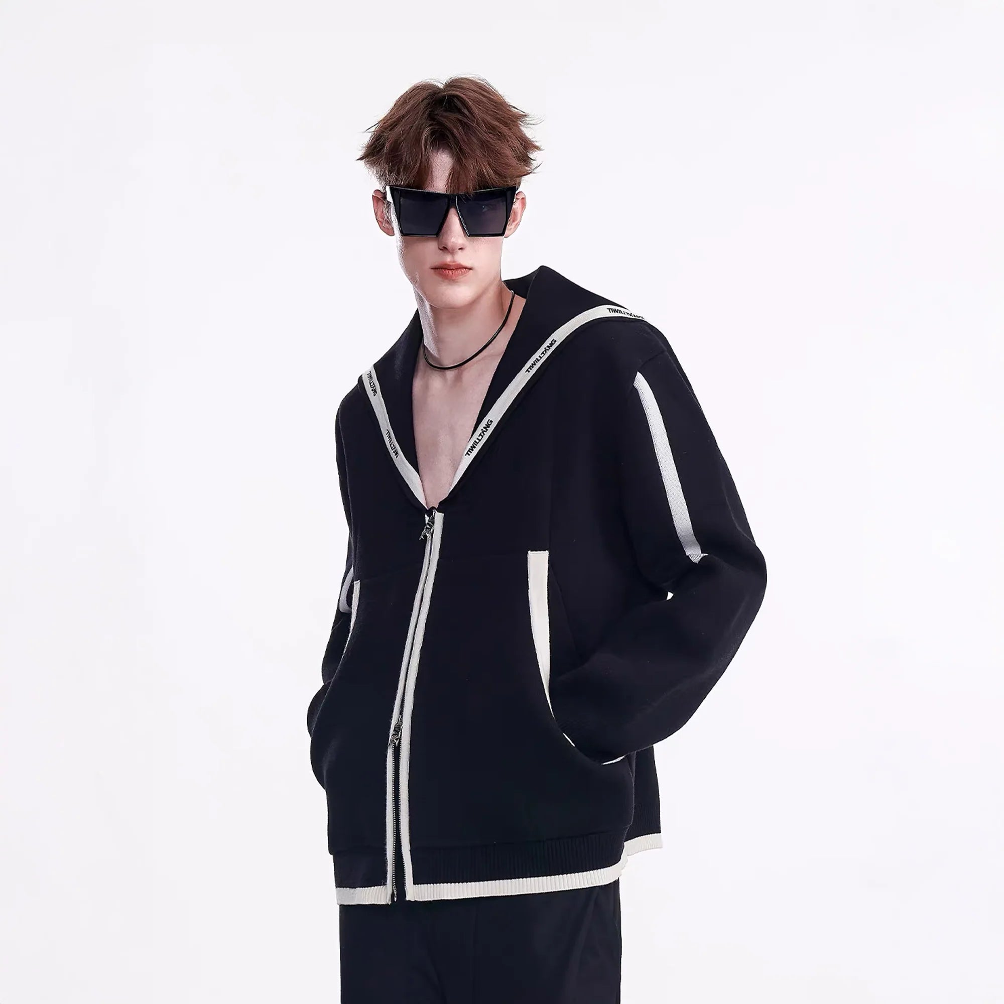 TIWILLTANG Contrast-Trim Sailor-Collar Jacket