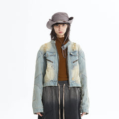 ERROR CODE ROBOT Distressed Washed Cropped Biker Denim Jacket