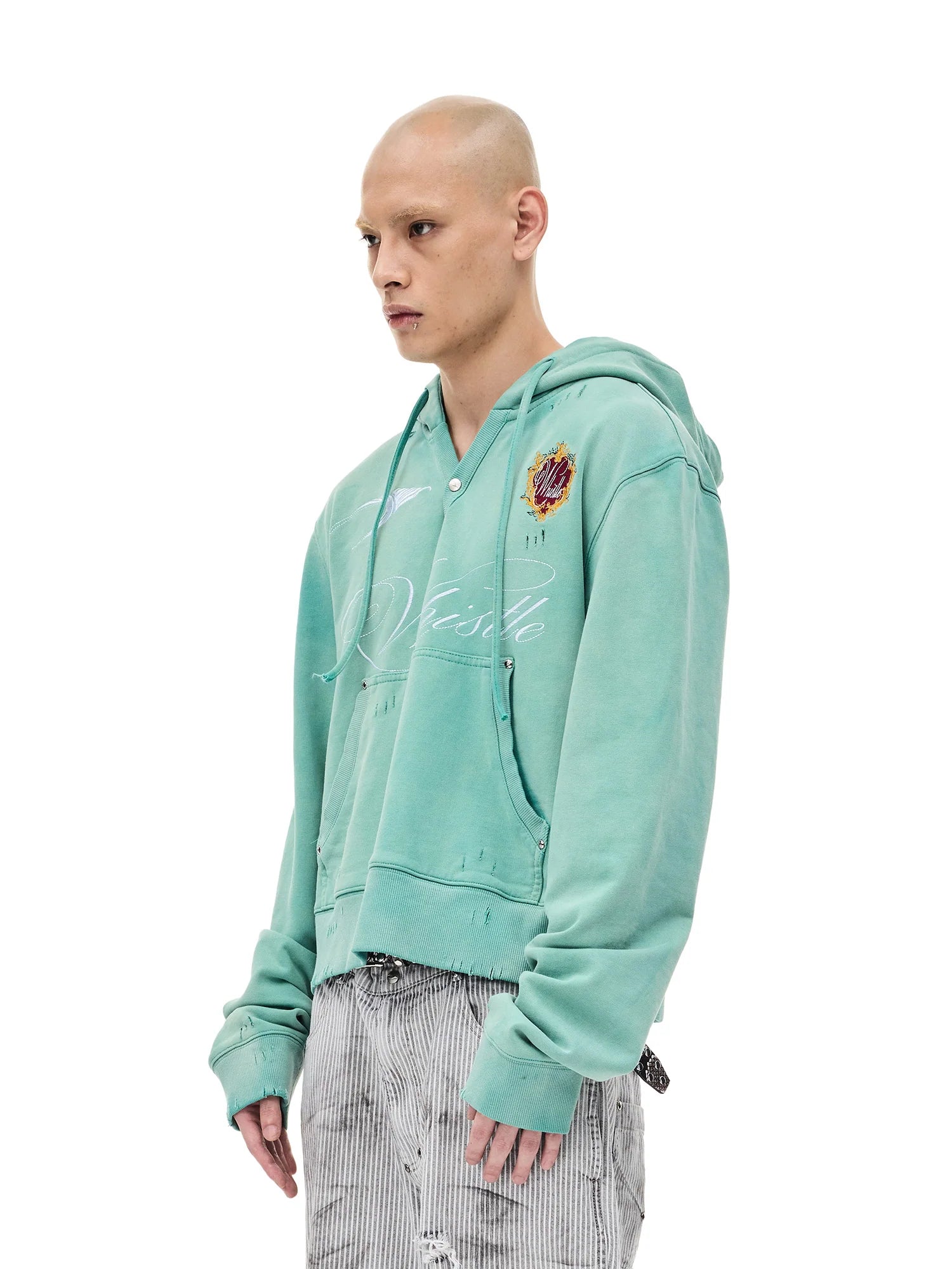 WHISTLEHUNTER Distressed Embroidered V-Neck Hoodie