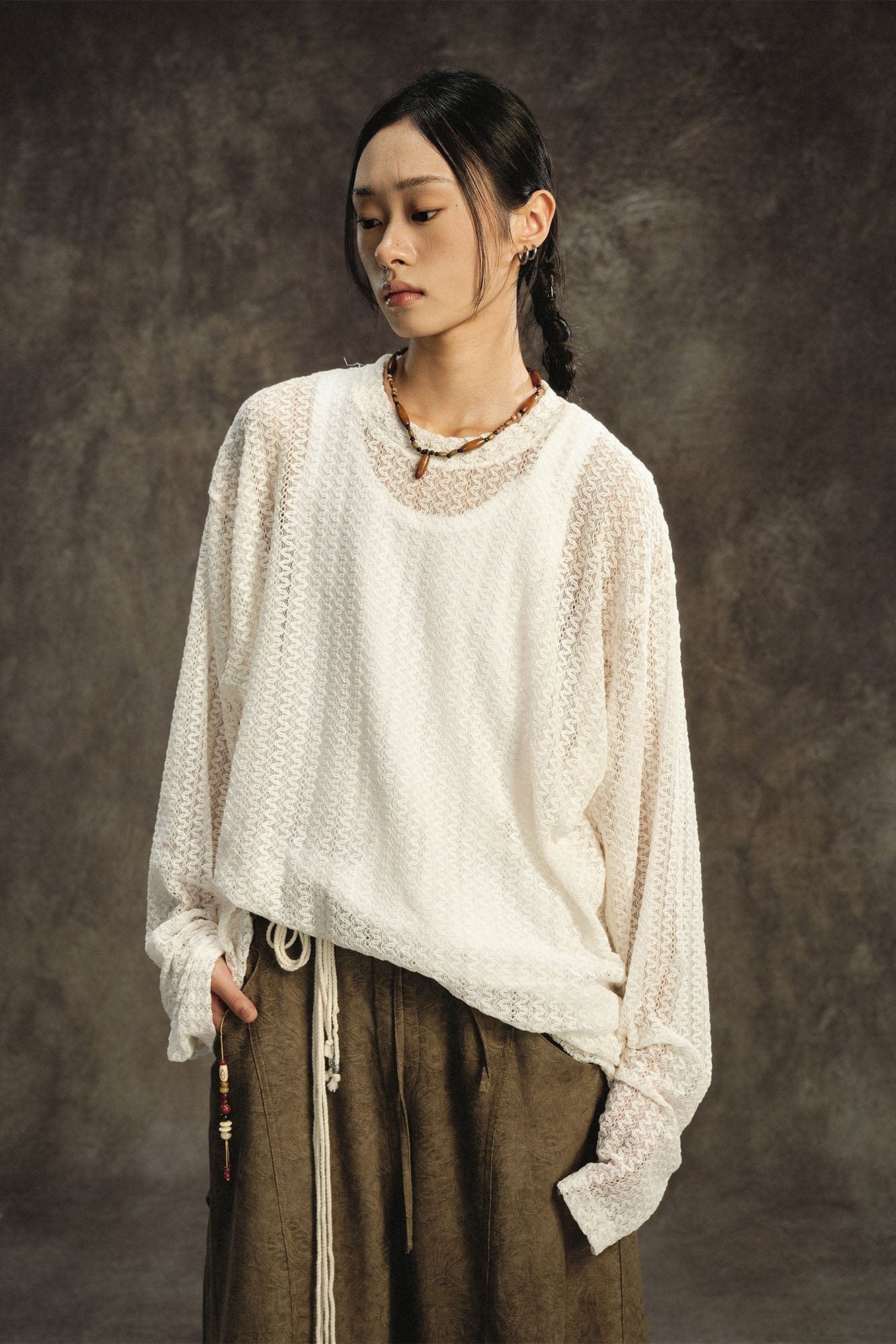 GONGHE REPUB Lightweight Wave-Knitted Openwork Long-Sleeve Tee
