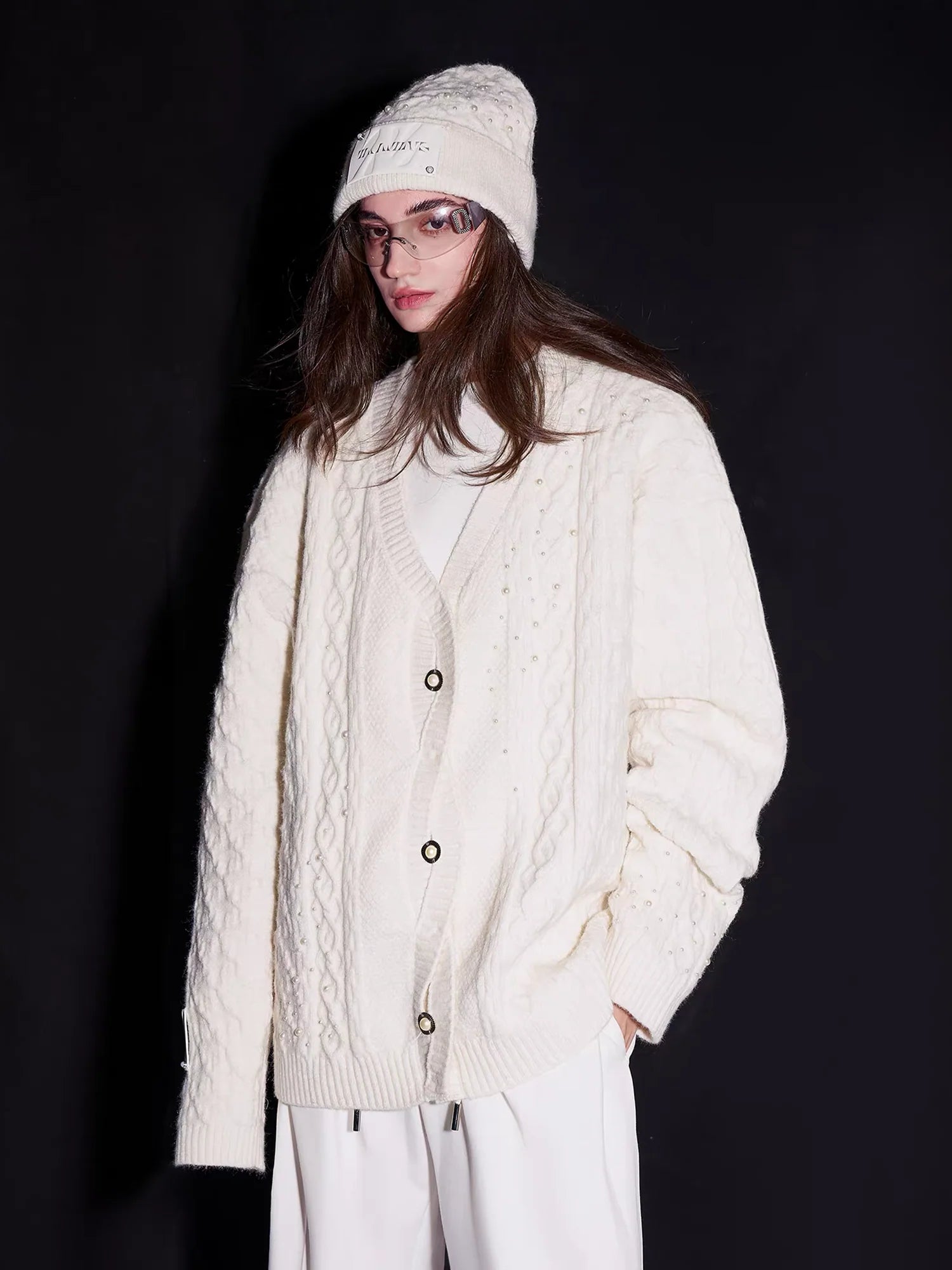 TIWILLTANG Pearl-Embellished Cable Knit Cardigan