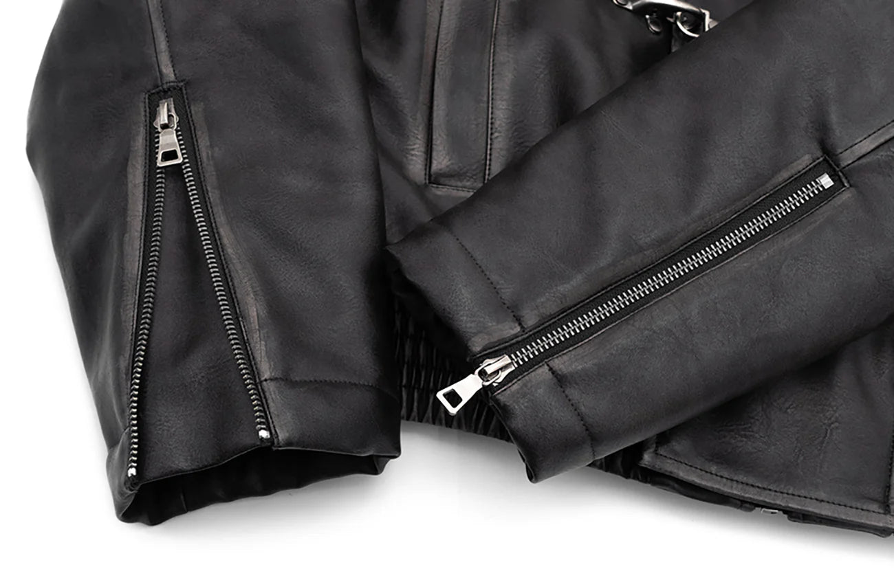 IN EXISTENCE Asymmetric Placket Washed Moto Jacket